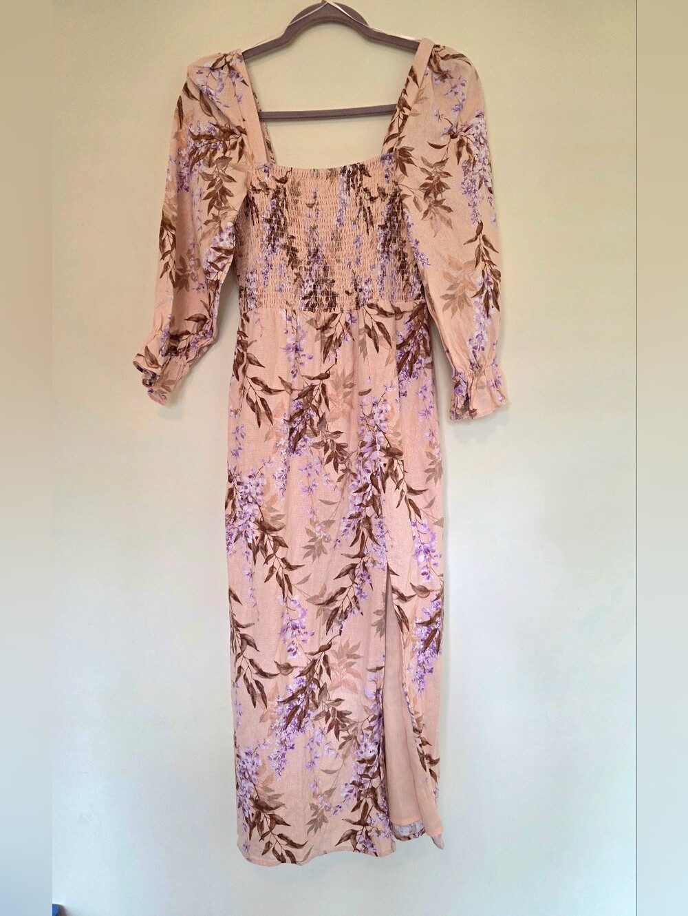 House of Harlow 1960 Pink Floral Smocked Maxi Dress Small Linen Blend Fall